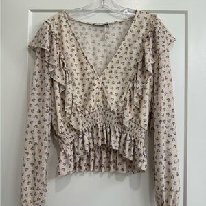Pull&Bear Cream Blouse with Blue Floral Print and Ruffles